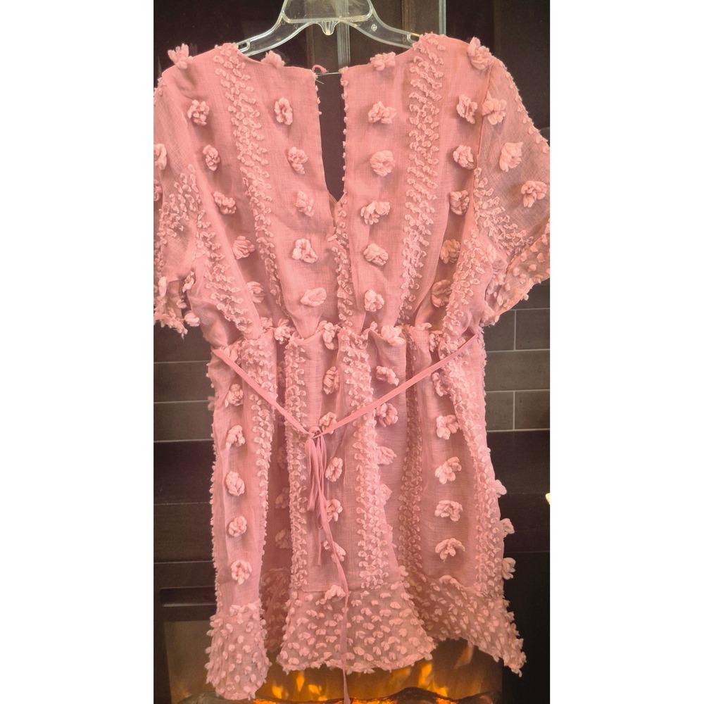 &merci Pink Textured Floral Wrap Dress Ruffle Hem V-Neck Romantic Garden Party L - Picture 6 of 13